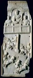 Abschnitt eines Diptychons, das ein Wagenrennen darstellt, aus Tunesien